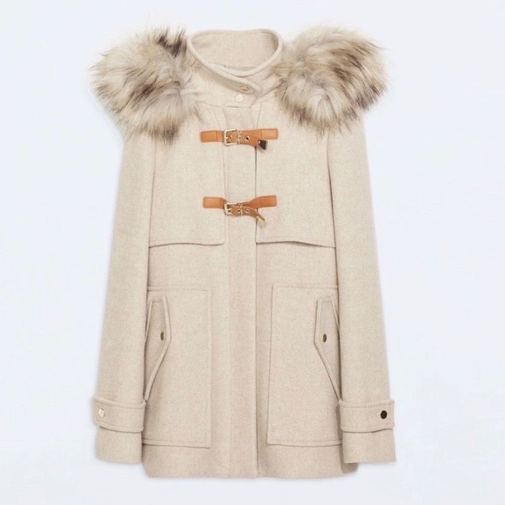 Zara leather buckle jacket with detachable fur hood